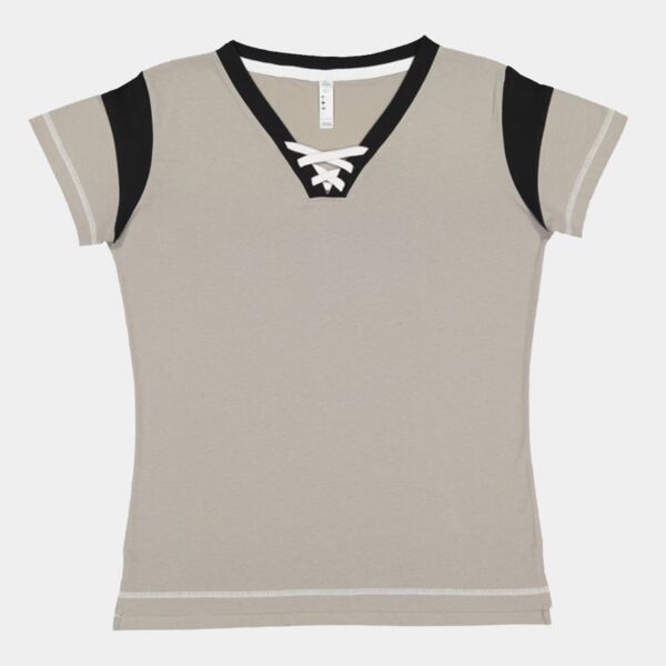 SEW N STITCHES - NEXT LEVEL = Women's Lace Up Fine Jersey Tee Thumbnail